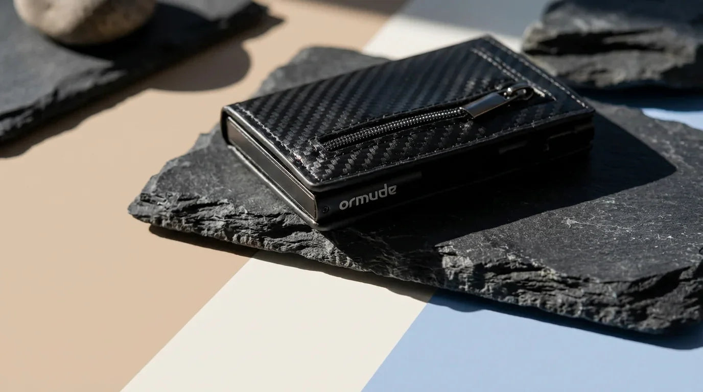 Portefeuille slim noir en fibre de carbone avec fermeture éclair, posé sur une ardoise.