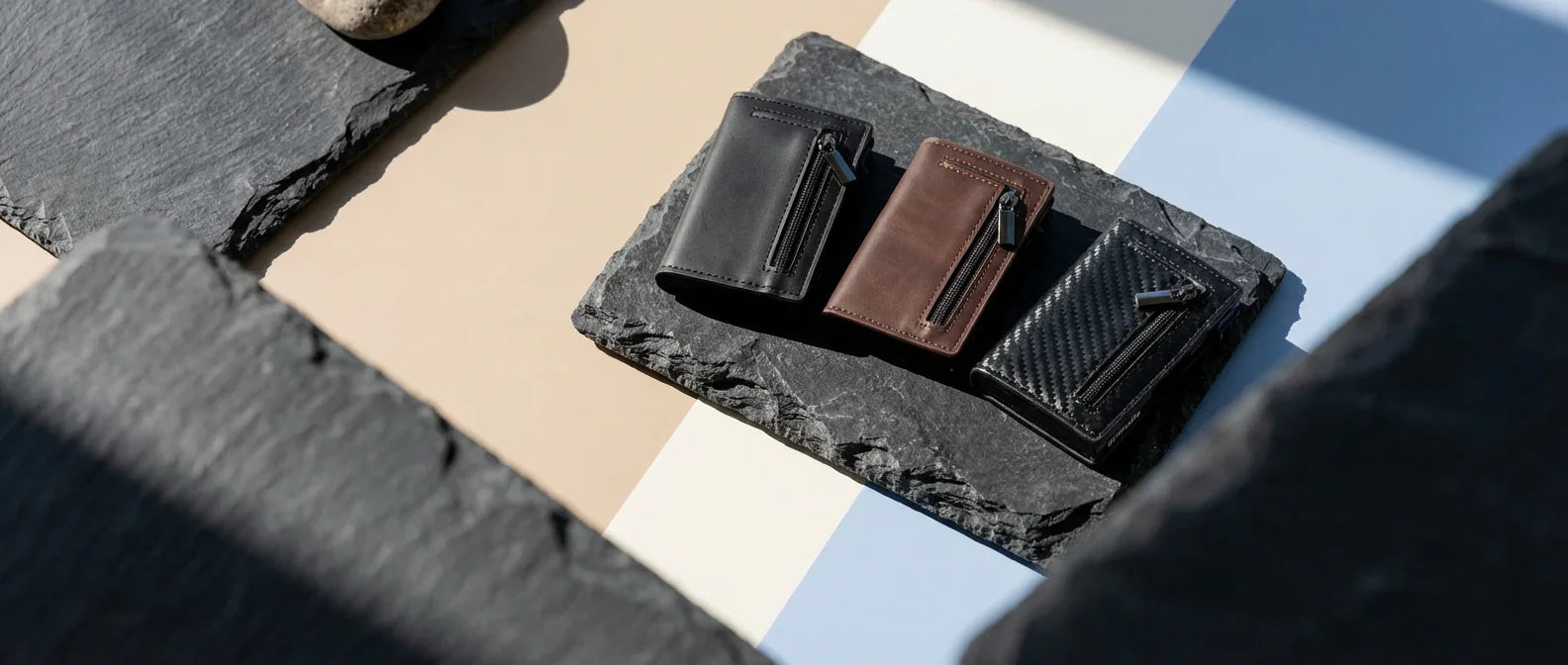 Trois portefeuilles slim homme, noir, marron, motif carbone, posés sur une ardoise en lumière naturelle.